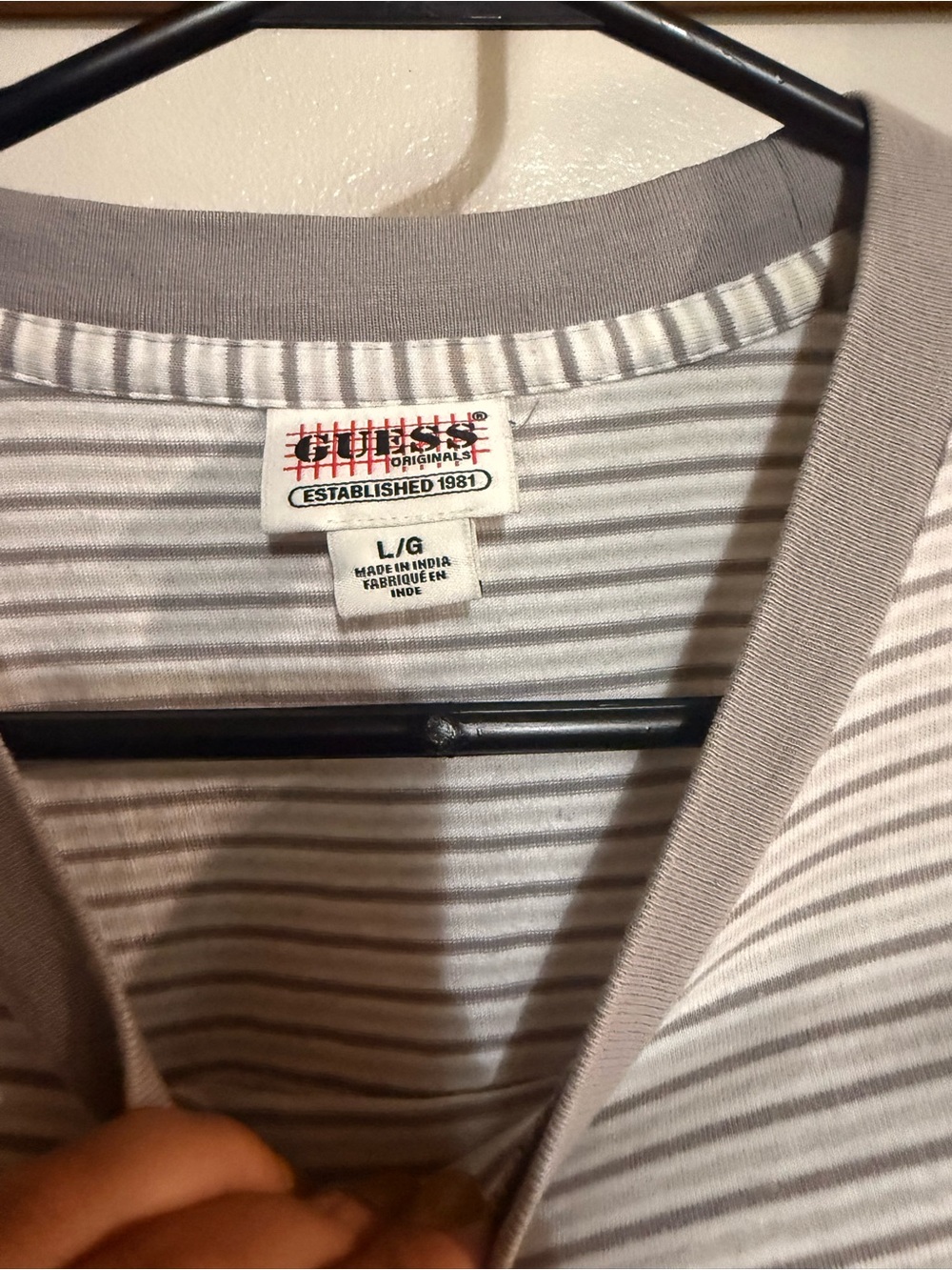 Guess Originals Short Sleeve Striped Tee in Light Gray and Navy - Picture 2 of 4